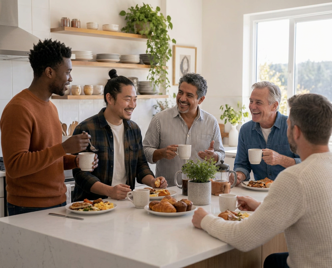 Friends sharing a meal in a bright kitchen